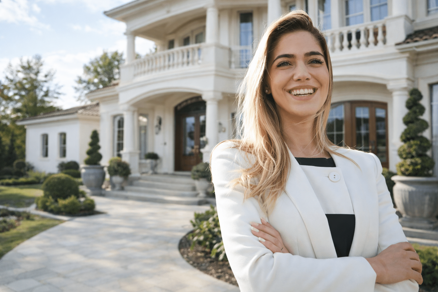 Frau vor einer exklusiven Villa